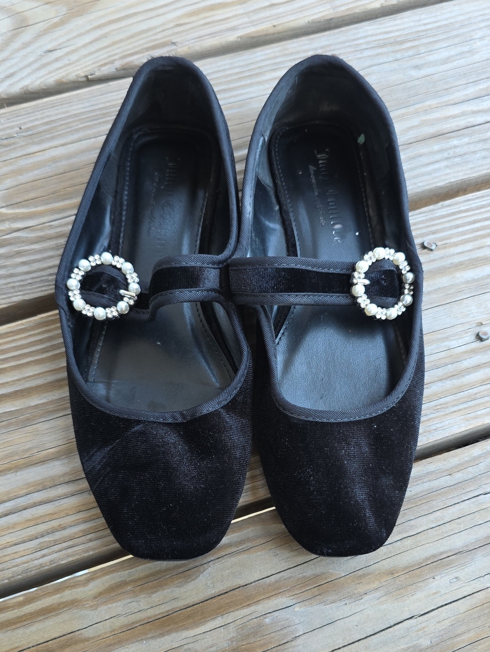 Pearl-Buckle Velvet Mary Jane Flats in Black